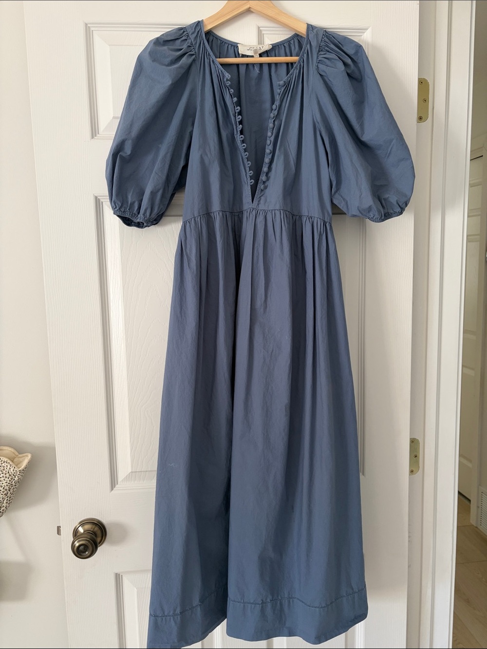 THE GREAT. Dusty Blue Puff-Sleeve button front Dress